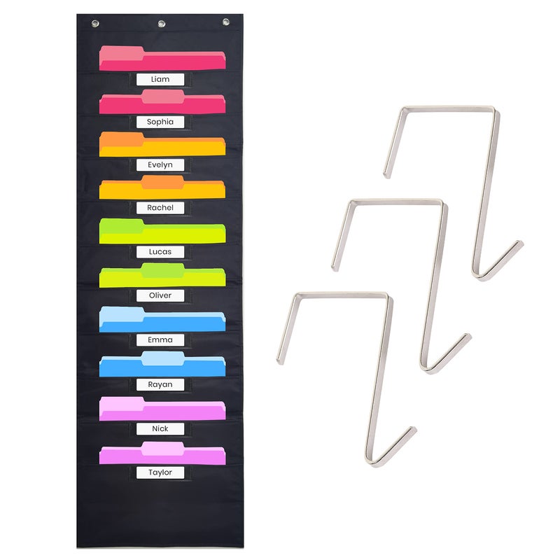 Hippo Creation Black Pocket Chart for Classroom - 10 Pocket Storage Rainbow Pocket Charts   3 Over Door Hangers Included  Hanging Wall File Organizer for File Folders  School Mailbox  Home/Office Papers - Image 1